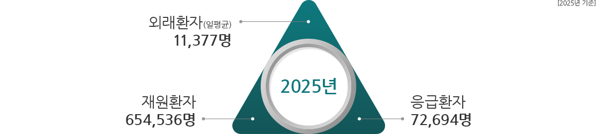 2024년 외래환자 일평균 11,377명, 재원환자 654,536명, 응급환자 72,694명